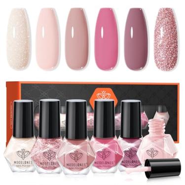 Imagem de modelones Conjunto de 6 cores, kit de mini esmaltes de unhas branco leitoso rosa brilhante nude claro rosa cremoso glitter violeta vermelho secagem rápida arte de unha, faça você mesmo, casa, salão