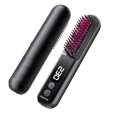 Imagem de SHULITON Pente de cabelo liso, sem fio, tela de LED, alisador de cabelo com controle de temperatura de vários níveis, ferro de alisar, escovas de cabelo de ar quente