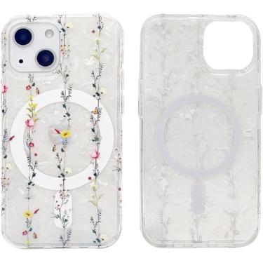 Imagem de Capa magnética para iPhone 14/13 de 6,1 polegadas compatível com MagSafe carregamento TPU macio capa protetora fofa à prova de choque com protetor de tela (flores silvestres pérolas)