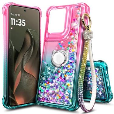 Imagem de WDHD Compatível com Motorola Edge-2025 Capa Rosa/Aqua | Brilhante Glitter Flutuante Cachoeira Líquida Linda Capa de Telefone para Mulheres Meninas Crianças com Suporte de Anel Alça de Pulso Diamante