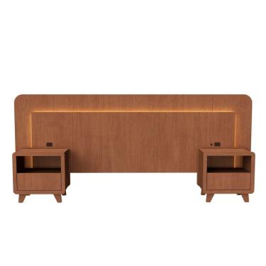 Imagem de Cabeceira Casal Queen com 2 Mesas de Cabeceira Led 3000k e Tomadas 100% Mdf Mabel Castanho
