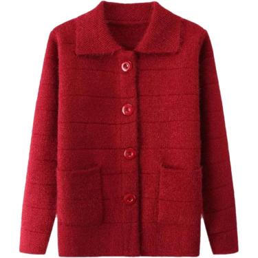 Imagem de Mulheres Malha Cardigan Suéter Meia-idade Idoso Suéter Cardigan Single-breasted Casacos De Lapela, Red Wine, XXL