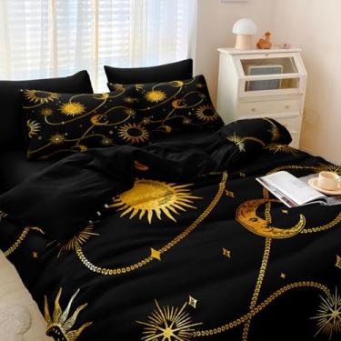 Imagem de MOVE OVER Conjunto de edredom Queen com 8 peças, preto e dourado, sol e lua, tema celestial, boêmio, estilo gótico, para todas as estações
