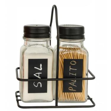 Imagem de Kit Saleiro e Paliteiro de Vidro com Suporte de Aço Preto Em Casa Tem 