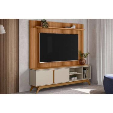 Imagem de Rack Bancada c/ Painel p/ TV até 75 Pol Istambul/Genova 2 Pta 1 Prat Pés 200x194cm Nature/Off White - Linea Brasil