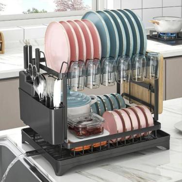 Imagem de Escorredor De Louça Inox Porta Talheres Prato Copos 2 Andar Preto - Br