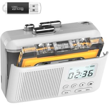 Imagem de Gracioso Conversor de gravador de cassete portátil, cassete para MP3 via cartão SD, leitor de fita cassete Walkman com bateria recarregável de 1000 mAh, microfone e alto-falante embutidos, conector de