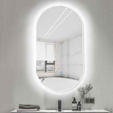 Imagem de Parede Iluminada Led Para Banheiro Oval Com Vaidade De Moldura De Metal Com Luzes 3 Cores Light Dimmable Touch Switch, White, 40x60cm