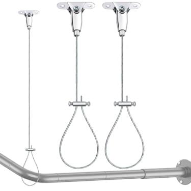 Imagem de Suporte de varão de cortina de chuveiro montado no teto – Suporte de suspensão ajustável de metal para hastes de chuveiro de canto curvas, em forma de L e em forma de U, antiflacidez, pacote com 2