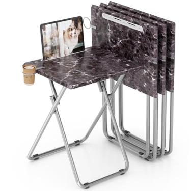 Imagem de Fleecy day Bandeja de TV dobrável com suporte de copo, mesa de jantar de TV com topo de MDF resistente, bandejas de comer com compartimento para tablet para sala de estar, quarto, sofá (mármore preto