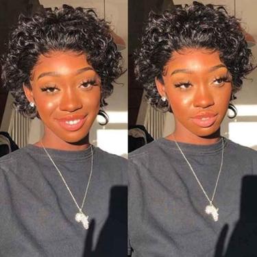Imagem de Perucas Curtas Curtas para Mulheres Negras Cabelo Humano Afro Kinky Curly Peruca Virgem Brasileira Corte Pixie Peruca de Cabelo Humano com Franja 150% Densidade Nenhuma Peruca de Laço Frontal Bob