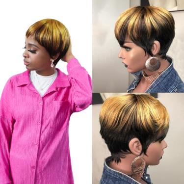 Imagem de Peruca curta com corte Pixie de cabelo humano loiro omber marrom perucas de cabelo humano para mulheres, aparência natural, corte Pixie, peruca sem cola, totalmente feita à máquina, perucas de