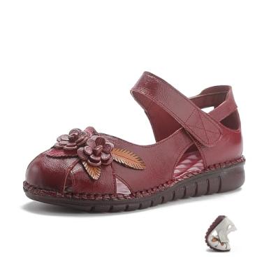 Imagem de Sandálias femininas de couro genuíno com flor vazada, fundo plano, retrô, fechada, bico redondo, confortável, macio, gancho e laço para o verão, lazer, férias na praia, Vermelho, 34