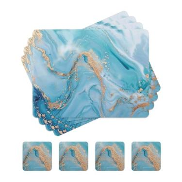 Imagem de fanquare Jogo americano e porta-copos de cortiça, conjunto de 4 tapetes de mesa com design de padrão de mármore, superfície dura, resistente ao calor e decoração de mesa abstrata fácil de limpar, Blue