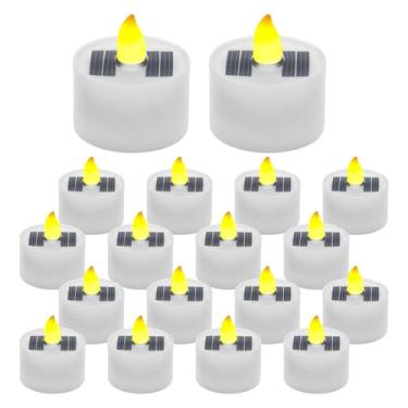 Imagem de Luzes solares de chá à prova d'água, 18 peças de 3,5 cm P x 3,6 cm reutilizáveis do crepúsculo ao amanhecer cintilantes pequenas velas de LED Tealight, vela votiva sem chama para janela, lustre de