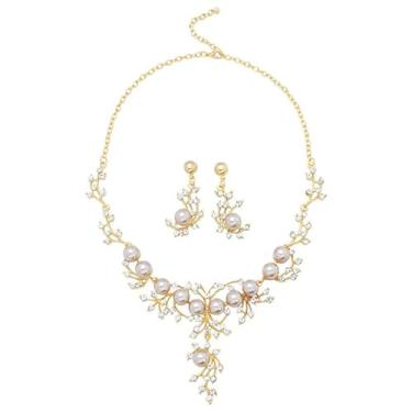 Imagem de Conjunto Colar Brinco Pérola Floral Dourado Zircônia Cúbica - Casamento Festa Formatura Debutante - Presente Noiva Madrinha Mãe Namorada Amiga - Réveillon Ano Novo