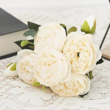 Imagem de Flores artificiais de peônia de seda, buquê de rosas, decoração de casa e natal, arranjos florais falsos para casamento, jardim, guirlanda, acessórios para festa faça você mesmo (branco)
