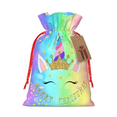 Imagem de Sacos de presente de Natal com cordão e cordão de unicórnio dourado com rosto de princesa arco-íris rosa azul amarelo, sacos de embrulho de presente de Natal para presentes de Natal, lembrancinhas de
