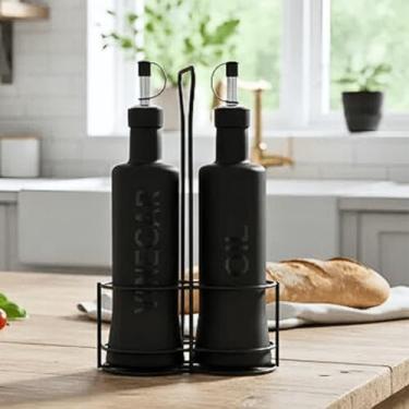 Imagem de Galheteiro Azeiteiro e Vinagreiro Vidro Preto Fosco 300ml com Suporte Nero Hauskarft