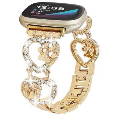 Imagem de Pulseira feminina de metal brilhante compatível com Fitbit Versa 3/Versa 4/Sense/Sense 2, pulseira feminina em forma de coração de amor, pata de cachorro, pulseira fofa (dourada)