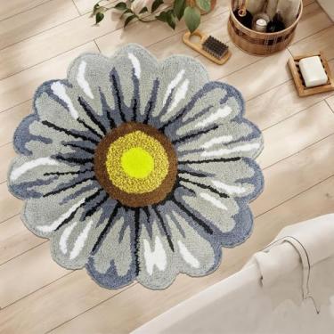 Imagem de Lacomfy Tapete floral tapete de banheiro de margarida redondo de 6 m - Tapete em forma de flor de círculo fofo para quarto, quarto de crianças, cabeceira, chuveiro, banheiro, tapete de pia de cozinha