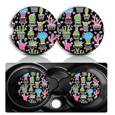 Imagem de Conjunto de 2 porta-copos de carro de cacto – Acessórios para carro Little Cactu 7 cm, tamanho universal, tapete de borracha antiderrapante, porta-copos embutidos, decoração de cactos, suculentas