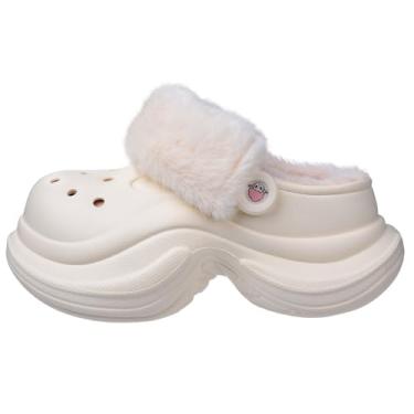 Imagem de Harssidanzar Tamanco feminino plataforma forrado felpudo, sapatos de jardim de lã EVA com alça HL245US, Branco, 40