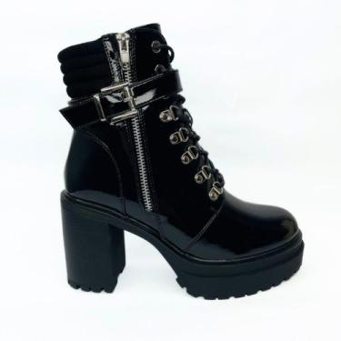 Imagem de Bota feminina preta de couro envernizado com salto de 9 cm com platafo