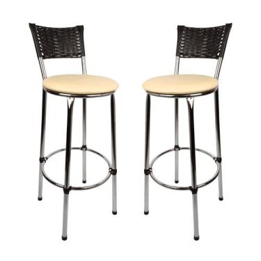 Imagem de KIT 2 Banquetas Alta Cromada Junco PRETO Cozinha Balcão Bancada - ESPA