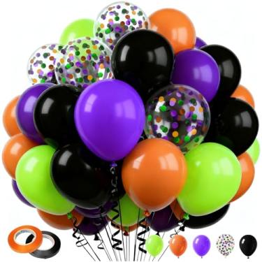 Imagem de 60 peças de balões de Halloween de 30 cm, laranja, preto, verde, roxo, balões de confete para decoração de festa de aniversário de Halloween, doces ou travessuras