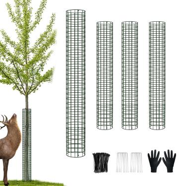 Imagem de chicarry Protetor de tronco de árvore de metal, pacote com 4, protetores de árvore de malha de 91 cm com laços de zíper, estacas, protetor expansível de tronco de árvore, protetores de árvore de