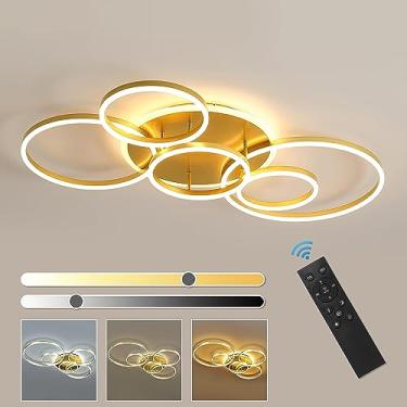 Imagem de Luminária de teto LED moderna 90W Luminária de teto regulável com controle remoto 5 anéis Luminária de teto embutida Lustre de acrílico dourado LED para sala de estar Quarto Cozinha Luminári