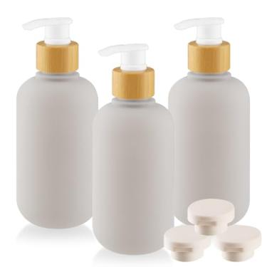 Imagem de Dispensador de sabão de banho de plástico de 300 ml com bomba de bambu e tampa de plástico para banheiro, cozinha, sabonete líquido, xampu, saboneteira, gel - cinza