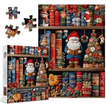 Imagem de Christmas Puzzles for Adults 1000 Pieces, PICKFORU Colorful Blooming Bookshelf Jigsaw Puzzle Santa Claus Embroidery, Difficult Unique Flower Books Theme as Home Decor