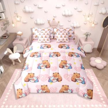 Imagem de Erosebridal Conjunto de cama de capivara fofo, 7 peças, Axolote em um saco, conjunto de cama casal de capivara, macarrão de alimentação de capivara para salamandras, rosa, conjunto de cama com lençóis