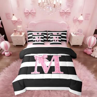 Imagem de Erosebridal Conjunto de edredom solteiro monograma, letra M, laço rosa, letra inicial, 7 peças, preto e branco, para quarto de meninas, adolescentes, mulheres, conjunto de cama kawaii com laço e laço