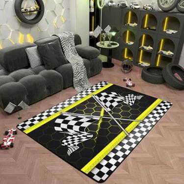 Imagem de Tapete de carro de corrida para meninos, 8 x 1,5 m, esportes radicais, amarelo, geométrico, antiderrapante, para crianças, meninas, adultos, quadriculado 3D, preto e branco, tapete decorativo para