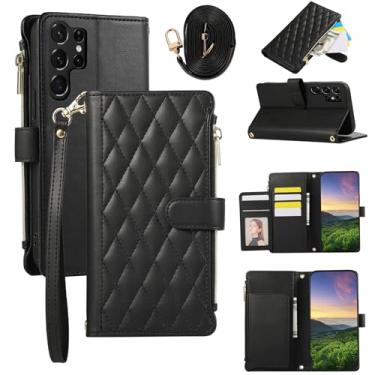Imagem de Capa carteira para Samsung Galaxy S23 Ultra, capa de couro com 6 compartimentos para cartão e 1 compartimento para dinheiro e 1 bolsa com zíper, fivela magnética à prova de choque com alça de mão e