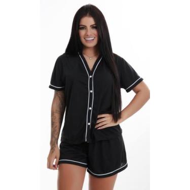 Imagem de Pijama Curto Blogueira Botão Aberto Manguinha - Charme Delas, Preto, M