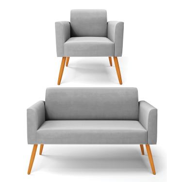 Imagem de Sofá Namoradeira com Poltrona Pés Palito Castanho Marisa Suede Cinza D03 - D?Rossi