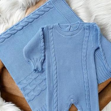 Imagem de SAIDA MATERNIDADE 2 PÇS DE TRICOT LUXO MACACÃO E MANTA MENINO E MENINA (Azul Bebê)