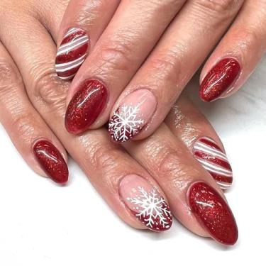 Imagem de Pregos postiços ovais curtos de Natal com desenhos de floco de neve, unhas de ponta francesa, cola brilhante nas unhas, unhas vermelhas com glitter, unhas de acrílico, nude, 24 peças