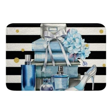 Imagem de Erosebridal Tapetes de banheiro preto e azul 40,6 cm x 61 cm moderno preto e branco tapete de banho feminino para meninas mulheres moderno floral perfume listrado capacho de salto alto revistas livros