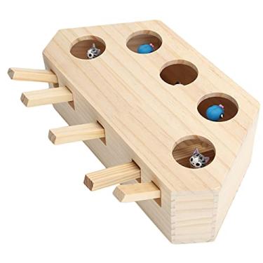 Imagem de GLOGLOW Brinquedos do Rato da Caça do Gato, Brinquedo Exercício de Madeira Maciça, Caixa Interativa Enigma de 5 Furos para Gatos e Gatinhos