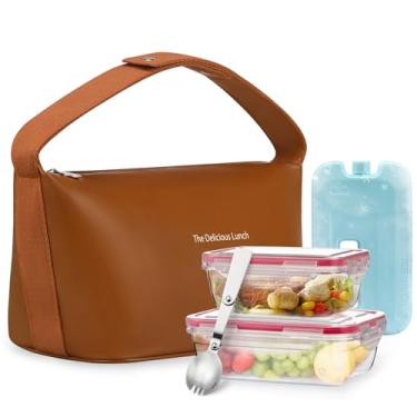 Imagem de wiwens Conjunto de lancheira feminina de couro isolado com 2 recipientes para lancheira, colher e bolsa de gelo, à prova de vazamento, reutilizável, de alta capacidade, para trabalho, viagens