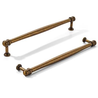 Imagem de khtumeware Pacote com 10 puxadores de armário de latão antigo com orifício central de 10 polegadas (256 mm), alça sólida para armário de cozinha resistente, ferragens de armário para penteadeira
