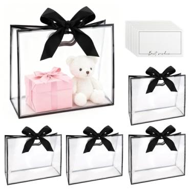 Imagem de Pacote com 15 sacos de presente transparentes com alças cortadas, 30,5 x 13 x 24,9 cm, sacos de lembrancinha de festa transparentes com fita, saco de embrulho de flores reutilizável para Natal