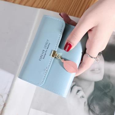 Imagem de Carteira feminina elegante de couro PU com fecho de metal e pingente de folha, design compacto de dobra dupla com vários compartimentos para cartão, Azul, 22*11.5*0.5 cm (unfolded), 11.5*9*2 cm