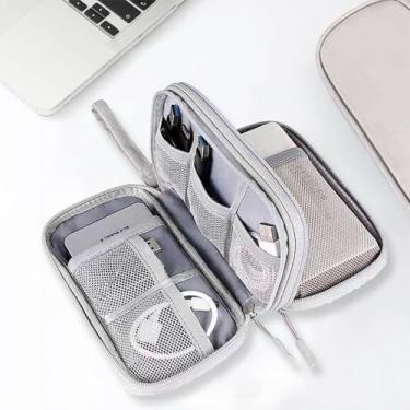 Imagem de Estojo de transporte de acessórios eletrônicos, bolsa organizadora de viagem, bolsa de armazenamento de camada dupla portátil à prova d'água para cabo USB, cabo, fone de ouvido cinza