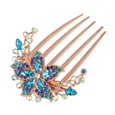 Imagem de Pente de cabelo feminino com flores incrustadas com strass, acessório de cabelo, grampos laterais de cabelo, peças de cabeça de strass, azul celeste